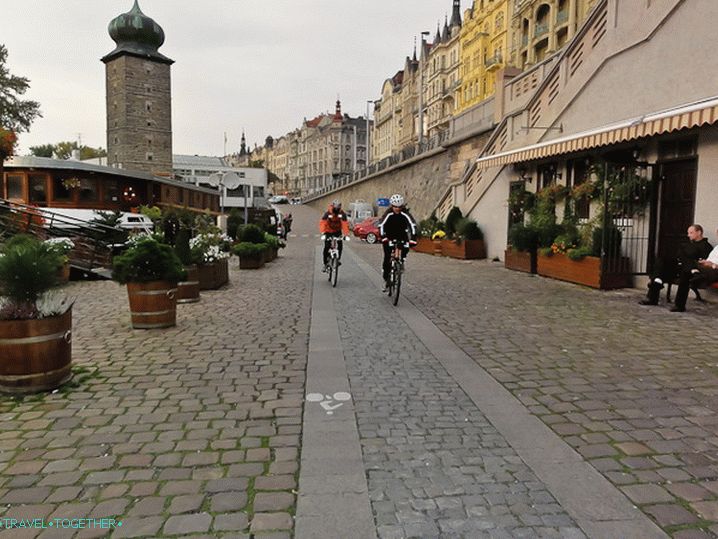 Bike lanes go along the embankment of the Vltava River in Prague