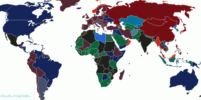 Map of countries with the color designation of passports