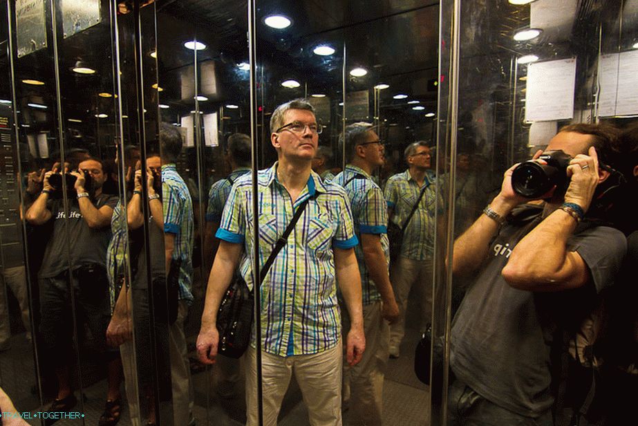 Elevator mirror, people multiply and multiply