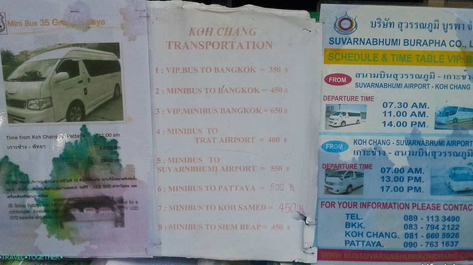 Schedule for buses and minibuses in a travel agency in Koh Chang