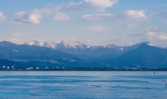 View of the Alps on the Swiss shore of Lake Constance.