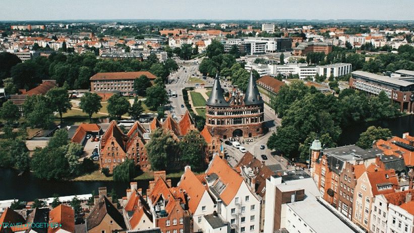 Panorama of the old city of Lubeck and the city gate Holstentor