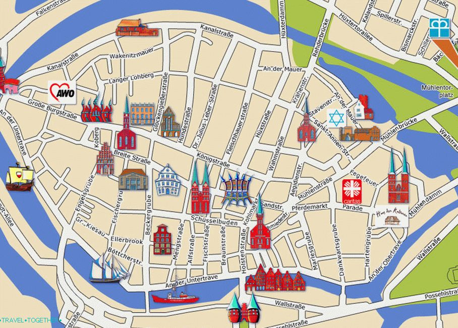 Sights of Lubeck on the map
