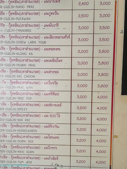 Prices for delivery from the pier to the raft-houses on Lake Cheo Lan
