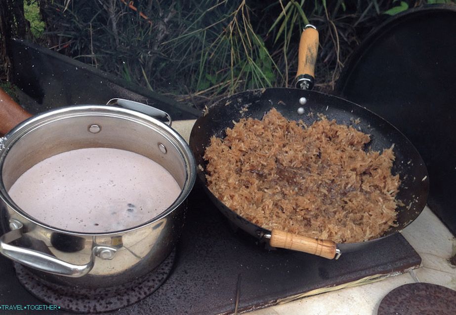 Costa Rican cuisine: fried coconut chips and rice with beans in coconut milk