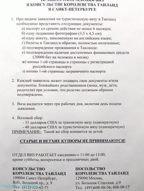 List of documents for Thai visa in St. Petersburg