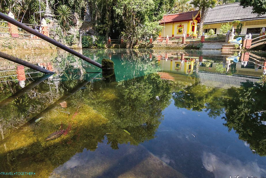 A pond with emerald water and a reflection of the sky