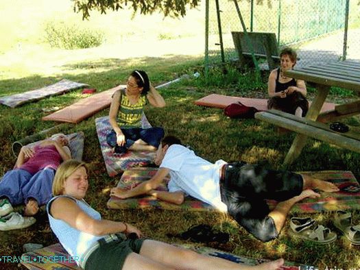 Resting volunteers after work.