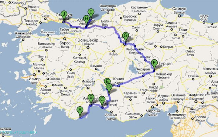 Route in Turkey. Antalya-Kappadokiya-Istanbul.