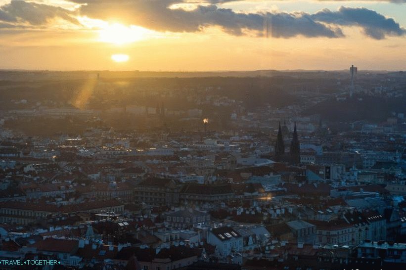 Views of sunset Prague from the TV tower