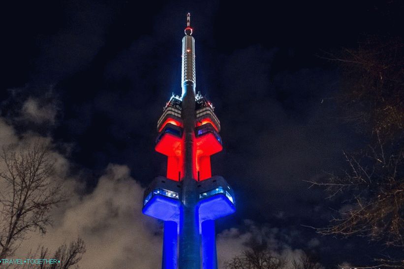 Zizkov Television Tower in Prague - the flag of the Czech Republic