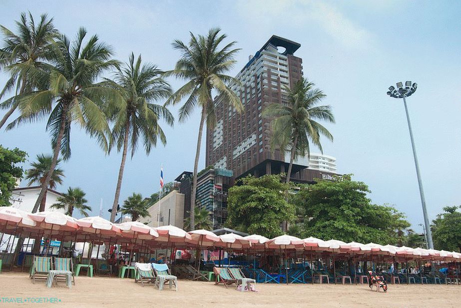 View from the beach to the Central festival shopping center and the Hilton hotel above it